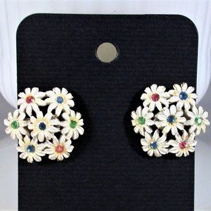 Vintage White Enamel Rhinestone Daisy Cluster Clip on Earrings